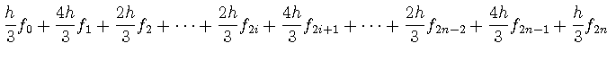 $\displaystyle \displaystyle \frac{h}{3} f_0 + \frac{4h}{3} f_{1} + \displaystyl...
...displaystyle \frac{2h}{3} f_{2n-2} + \frac{4h}{3} f_{2n-1} + \frac{h}{3} f_{2n}$